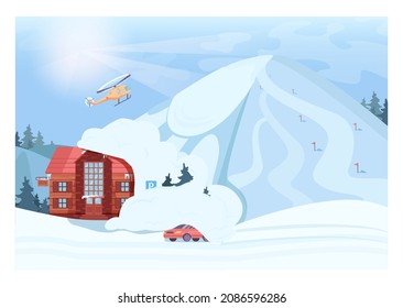 Lawinenkonzept. Die Naturkatastrophe traf das Skiort. Winterlandschaft und Berge mit Schnee. Lawinenfliegen auf dem Gelände. Flache Vektorgrafik