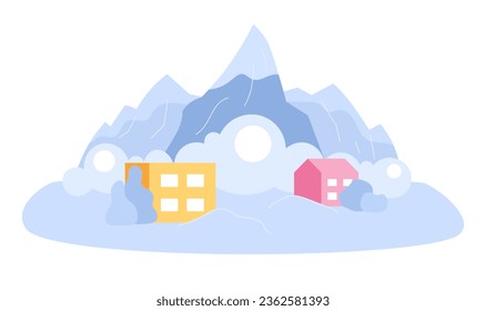 Avalanche cover town flat concept vector spot illustration. Snowslide. Falling snow 2D cartoon scene on white for web UI design. Natural disaster isolated editable creative image