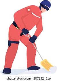 Avalanche first responder with shovel semi flat color vector character. Full body person on white. Rescue team member isolated modern cartoon style illustration for graphic design and animation