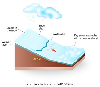 Avalanche is a flow of snow down a sloping surface. After initiation, avalanches usually accelerate rapidly and grow in mass and volume. Vector diagram