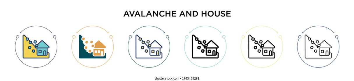 Avalanche and house icon in filled, thin line, outline and stroke style. Vector illustration of two colored and black avalanche and house vector icons designs can be used for mobile, ui, web