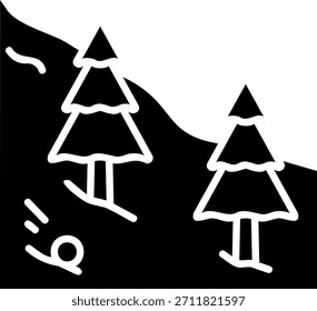 Icono de avalancha. Tobogán de nieve con árboles en pendiente
