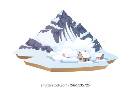 Avalanche in mountain village 2D cartoon objects. Dangerous nature disaster with snow at highland isolated line vector scene on white background