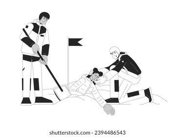Avalanche rescue black and white cartoon flat illustration. Rescuers snow shoveling out victim buried in snow 2D lineart characters isolated. Winter natural disaster monochrome vector outline image