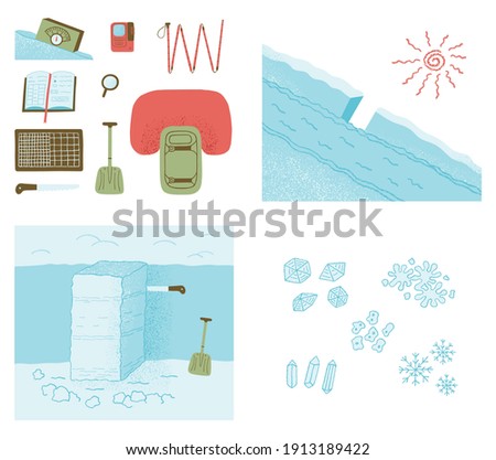 Avalanche safety equipment, snow study kit and stability test. Color vector illustration