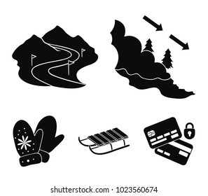 Avalanche sign, ski slope, sled, mittens. Ski resort set collection icons in black style vector symbol stock illustration web.