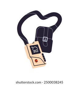 Avalanche transceiver with bag. Emergency locator beacon icon. Ski gear, radio equipment for safety. Beeper for rescue under snow in mountains. Flat isolated vector illustration on white background