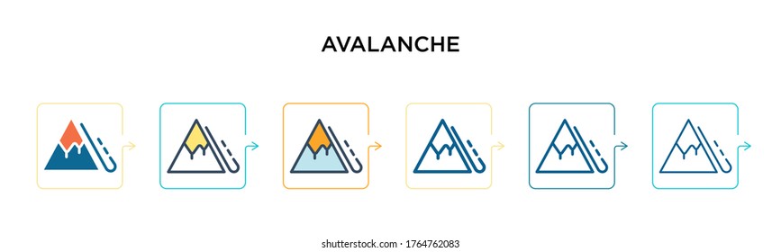 Avalanche vector icon in 6 different modern styles. Black, two colored avalanche icons designed in filled, outline, line and stroke style. Vector illustration can be used for web, mobile, ui