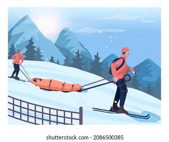 Avalanche victim transportation. Ski resort rescuer team. Finding people operation. Lifesaver wearing ski evacuating a person out of avalanche. Flat vector illustration