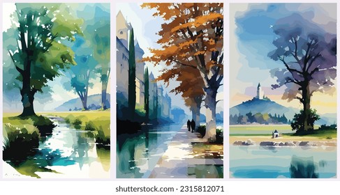 Avalon'S Enchanting Isle. Gateway To Magical Realms set collection of abstract watercolor vector illustration