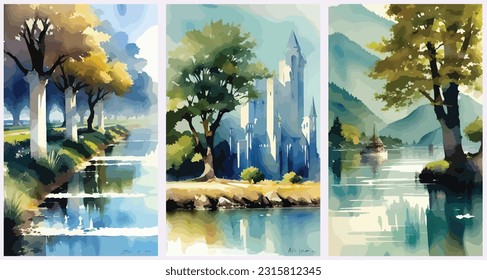 Avalon'S Enchanting Isle. Gateway To Magical Realms set collection of abstract watercolor vector illustration