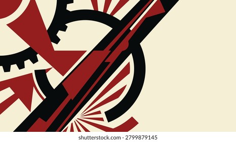 Avant garde constructivism style art, red black geometric shapes, industrial mechanical motifs, dynamic abstract art.