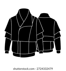 Ilustração de vetor de silhueta de jaqueta curta em camadas de vanguarda com colarinho largo e design estrutural moderno para marca de moda high-end