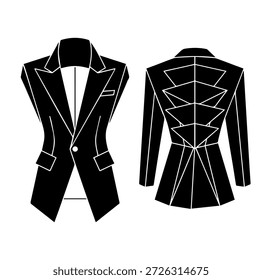 Avant Garde Herren Blazer mit geometrischen Wirbelsäule Detail und scharf geschnittenen Kanten Silhouette Vektorgrafik für futuristische Mode Branding und Laufsteg High Style Bekleidung
