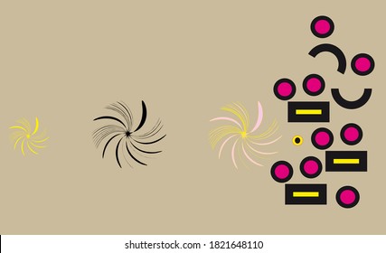 Avant-garde art. Geometric abstract background. Various circles, semicircles, rectangles. Flowers. Contemporary trendy vector illustration. Pattern, Wallpaper