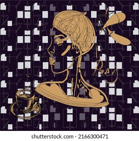 Avant-garde art. Girl in a beret, Parisian woman with a cup of coffee. Mosaic, Geometric abstract background. Cubism. Contemporary trendy vector illustration