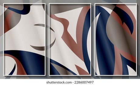 Avant-garde colorful street art triptych. Surface of abstract flowing shapes in beige and gray tones. Three images in white thin frames. Author's work. Vector.
