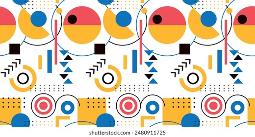 Avant-garde geometry, seamless pattern of orange-red circles, triangles, abstract shapes.