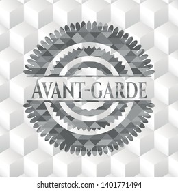 Avant-garde grey emblem with geometric cube white background