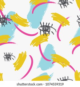 Avantgarde Hand Drawn Seamless Pattern with Eyes and Brush Strokes 