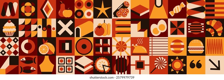 Avant-garde mosaic food background. Brutal geometric shapes. Minimalistic postmodern abstract shapes, swiss banner design, basic geometry, modern primitive blocks, art nouveau elements.