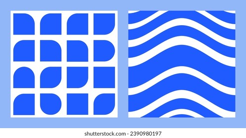 Avant-garde Primitive pattern set. Naive abstract shapes and waves in trendy Brutal style. Minimalistic Primitive design. Geometric Bauhaus print in blue colour. Vector illustration. Vector