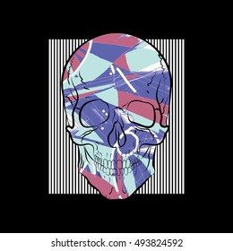 Avant-garde skull on striped background. Vector illustration EPS10. Design a poster for a t-shirt. Great cool print on the sweatshirt. Abstract human skull.