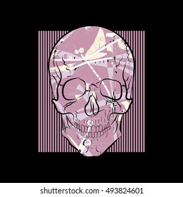 Avant-garde skull on striped background. Vector illustration EPS10. Design a poster for a t-shirt. Great cool print on the sweatshirt. Abstract human skull.