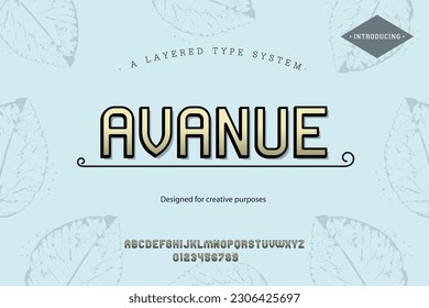 Avanue typeface. Alphabet. For labels and different type designs