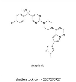 Structure squelettique plate de la molécule d'Avapritinib, Tyrosine kinase - inhibiteur de l'EGFR utilisé dans la tumeur gastro-intestinale métastatique - illustration Vectorielle GIST sur fond blanc.