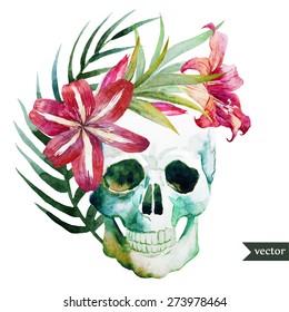 avarelny vector drawing skull with lily flowers