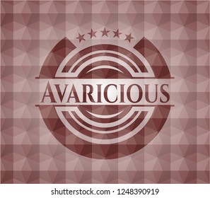Avaricious red emblem or badge with abstract geometric polygonal pattern background. Seamless.