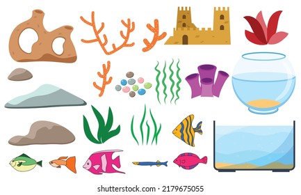 Avaristik cartoon set with aquarium fish, corals, stones, seaweed, shells and aquarium tanks of various shapes, vector illustration