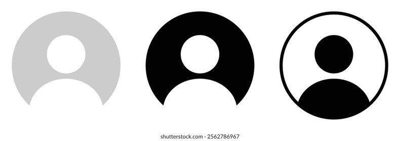 Avatar account vector icon set isolated. Default social media profile photo sign symbol different style. User portrait icons set. Linear, silhouette and flat design. Vector illustration.