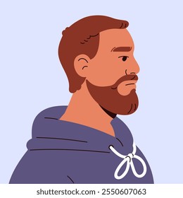 Avatar de homem adulto de capuz com barba grossa vista lateral. Pessoa moderna com bigode no retrato de rosto com forma quadrada. Perfil masculino com bigode, penteado casual. Ilustração de vetor isolado plano