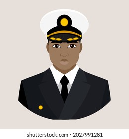 Avatar Of An African American Man In The Form Of A Ship Captain. US Navy. Flat Vector Illustration.