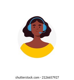 An avatar of african-american woman from a call center. Live chat operators, hotline operator, assistant with headphones. Online global technical support 24 7. Vector flat illustration.