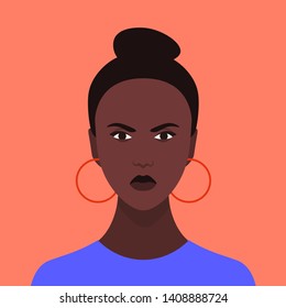 Avatar Of An Angry Girl. Portrait Of An Aggressive African Woman. Stress. Vector Flat Illustration