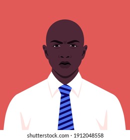 Avatar of an angry man. Portrait of an African businessman in a white shirt with a tie. Vector illustration in flat style