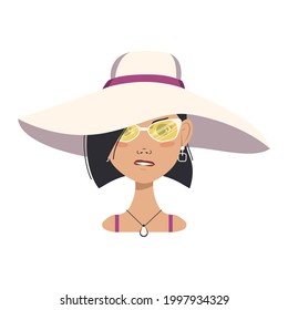 Avatar of an angry woman with pursed lips, black short hair, an aggressive face, glasses and a summer hat with evil emotions. Human displeased face, smart girl on the beach