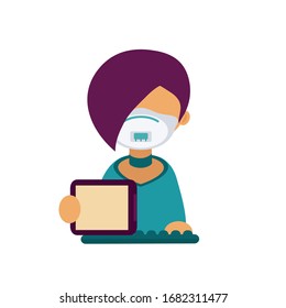 avatar anime girl in a medical mask behind a keyboard and with a tablet in her hands with an unusual hairstyle, flat icon of manager and seller at work virus and epidemic protection, programmer eps 10