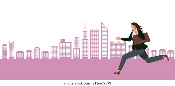 Avatar Of An Asian Female Office Worker Who Runs In A Hurry. Infographics. Building, City Background