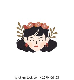 Avatar asian girl face illustration. International womens day 8 march. Woman with flower head wreaths. Spring greeting card. Heads of female cartoon characters.