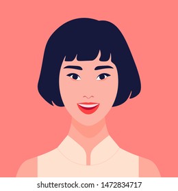 Avatar of an Asian girl. Happy eastern student. The happy woman smiles. Vector flat illustration