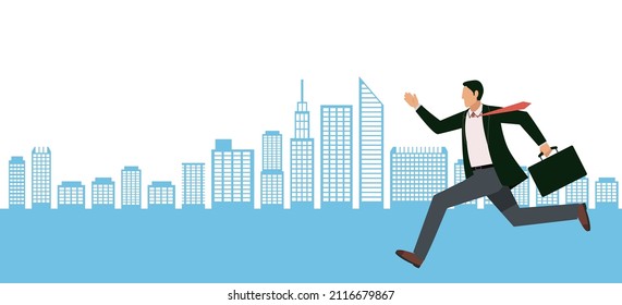 Avatar Of An Asian Male Office Worker Who Runs In A Hurry. Infographics. Building, City Background