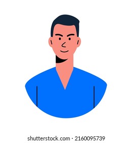 Avatar of Asian man with dark hair and blue sweater, vector illustration