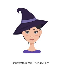Avatar of asian woman with dark hair, sad emotions, crying face and tears, wearing a witch hat. Halloween character in costume
