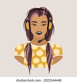 Avatar of an Asian woman in a yellow dress with polka dots and headphones with a headset. Call center office worker. Flat vector illustration.