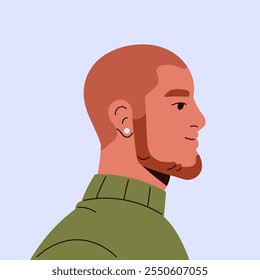 Avatar de homem careca com vista lateral da barba do capitão. Perfil da pessoa sem pêlos com bigodes, queimaduras laterais no rosto. Retrato em forma quadrada de cabeça lisa com brinco. Ilustração de vetor isolado plano