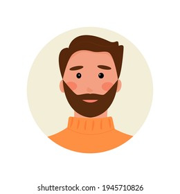 avatar bearded brown-haired man in a sweater. Portrait of a brutal man, geologist, snowboarder, skier, student, partner, sales manager. For advice, bots, support. Vector illustration, flat